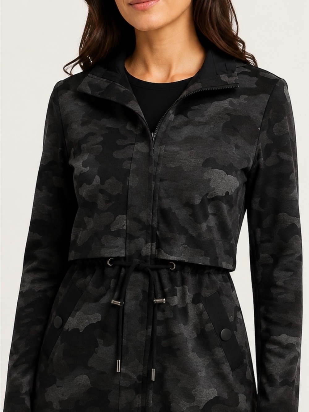 CAbi Black/Gray Camouflage Cinch Waist Jacket XS LIKE NEW Perfect Fall Staple